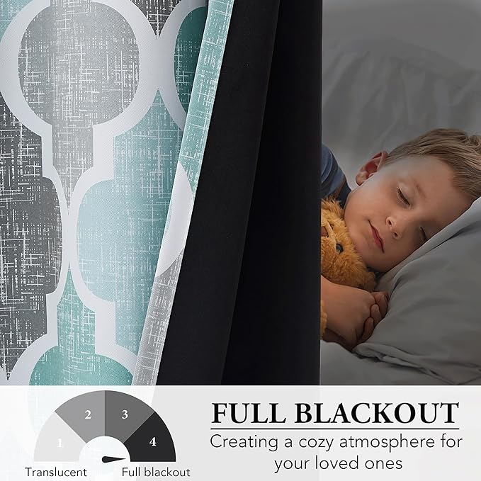 Beauoop 100% Blackout Curtains 108 Inches Long 2 Panels for Bedroom Living Room Aqua Grey Moroccan Geo Room Darkening Thermal Insulated Soundproof Grommet Top Window Treatments Drapes, 50x108 Set of 2