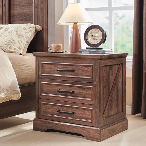 ACCOHOHO Farmhouse Nightstands Set of 2, 22 Inch Wide End Table with Charging Station & 3 Large Drawers, Rustic Wood Small Dresser Chest of Drawers for Bedroom, Living Room, Brown