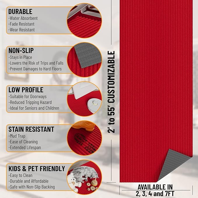 Ottomanson 6'6" x 32' Hallway Runner with Scraper Pile Extra Durable Non-Slip Rug Mat for Indoor & Outdoor Use - Ideal for Kitchen, Entryway, Patio & Garage - High-Traffic Carpet, Red