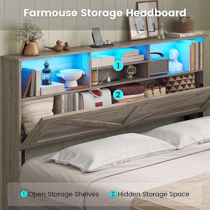 AOGLLATI Farmhouse Queen Bed Frame with 4 Storage Drawers and Led Lights, Wooden Bed Frame Queen Size with Hidden Space Bookcase Headboard and Led Lights & Metal Slats, Grey