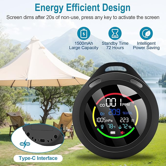 Portable Carbon Monoxide Detectors, 6-in-1 CO Detector, CO/O2/Temperature/Humidity/Altitude/Atmospheric Pressure, Portable Oxygen Detector with Alarm & Color Backlight, for Indoor, Camping, RV,Travel