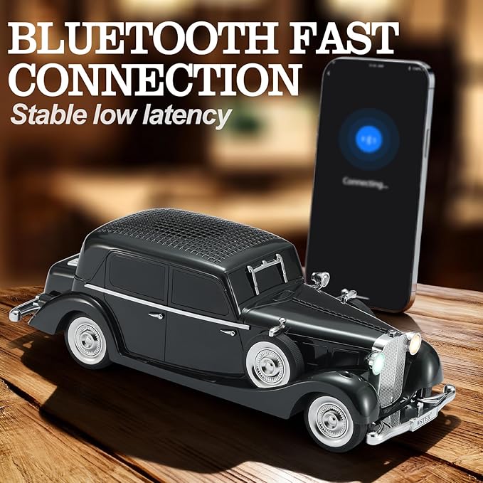 WSTER Vintage Car Bluetooth Speaker, Retro Classic Model with Powerful Sound, Built-in Mic, TWS Dual Pairing, Multi-Interface Output, Portable Wireless Outdoor Speaker for Parties & Beach (Black)
