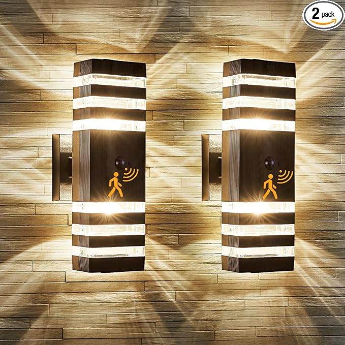 2 Pack Motion Sensor Outdoor Wall Light Fixture Up Down Porch Lights Modern Dusk to Dawn Exterior Sconce Light Wall Mount Outside Coach Lantern for House Front Door Garage (With 4 Dimmable Warm Bulbs)