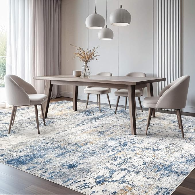 Area Rug Living Room Rugs - 10x12 Abstract Large Soft Indoor Washable Rug Neutral Modern Low Pile Carpet for Bedroom Dining Room Farmhouse Home Office - Blue