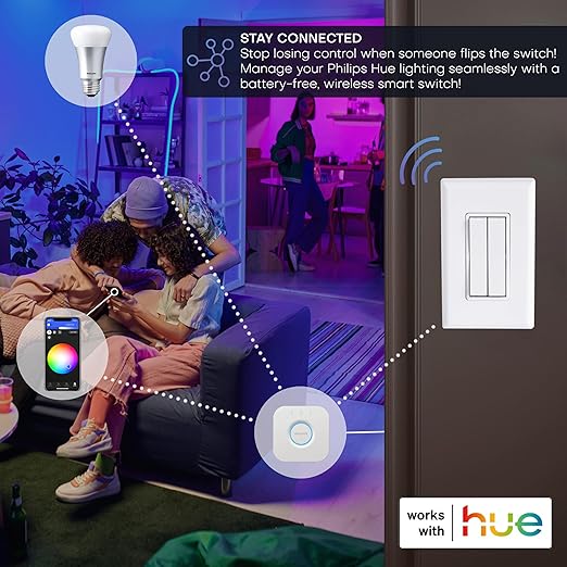 RunLessWire Click for Philips Hue – Battery-Free Wireless Smart Light Switch, 30ft Range – Works Natively with Philips Hue Bridge – Wall Mount Kinetic Switch - Decora Style, Ivory