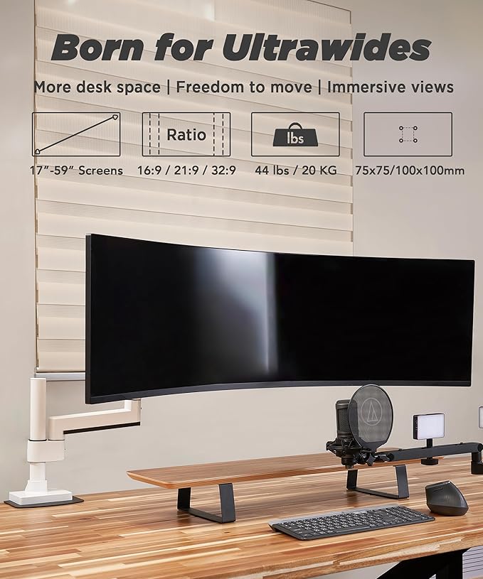 ULTRARM Heavy Duty Monitor Arm for Ultrawide Monitors up to 57" and 44 lbs, Single Desk Stand, Pneumatic Height Adjustable, Modular Extension Arms - Max VESA 100x100, White, MA20PW-S