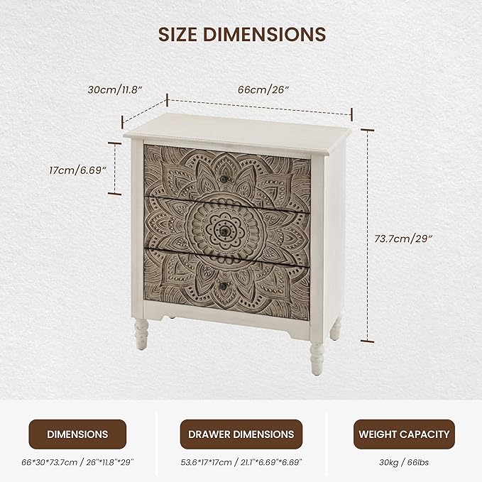 COSIEST 3 Drawers Nightstand Set of 2, Accent Dresser, 29'' Tall Wood Vintage Small Accent Chest, Bedside Table,Bedroom Furniture for Home, Entryway (Lotus Pattern)