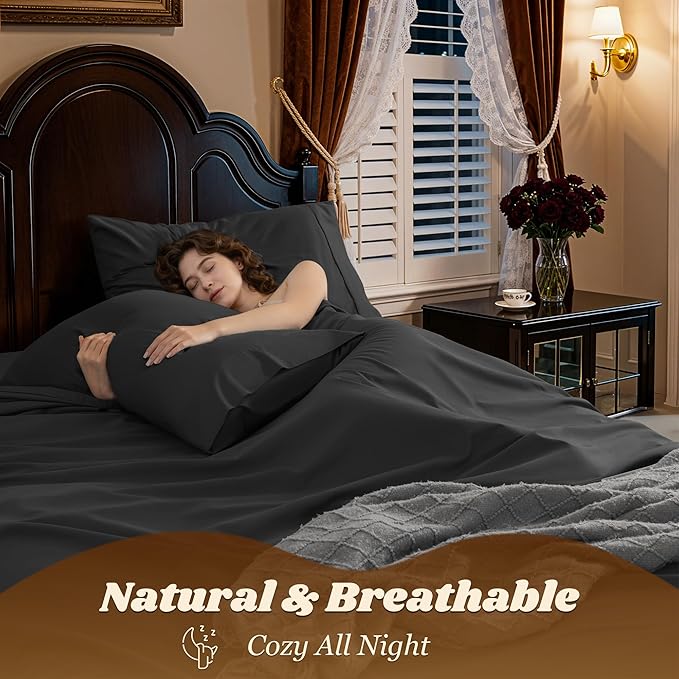 LBRO2M 1000 Thread Count 100% Egyptian Cotton Sheets Set,Full Size Bed Sheet 4 Piece Sets,Long Staple,16 Inches Deep Pocket,All Season,Bedding Super Soft Breathable,Sateen Weave (Black)