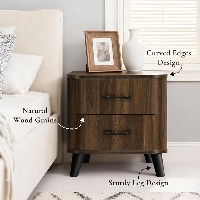 LuxenHome Mid Century Modern Nightstands Set of 2, 20" Walnut Night Stand with Curved Edge, Dark Brown Nightstand with Drawers, Boho Bed Side Tables Bedroom, Storage End Tables Living Room, 2PCs