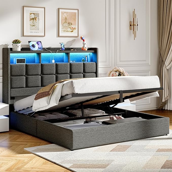 Lift Up Queen Bed Frame with Storage, Upholstered Bed Frame Queen Size with LED Lights Headboard and Charging Station, No Box Spring Needed, Easy Assembly - Dark Grey