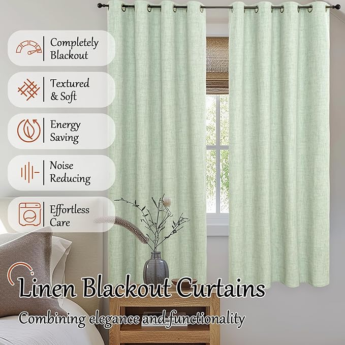 Sage Green Blackout Curtains for Bedroom - Linen Curtains 63 Inch Length Thermal Insulated Privacy Burlap Boho Window Drapes for Living Room Scandi Farmhouse Dining, 2 Panels, Each 52" Wide