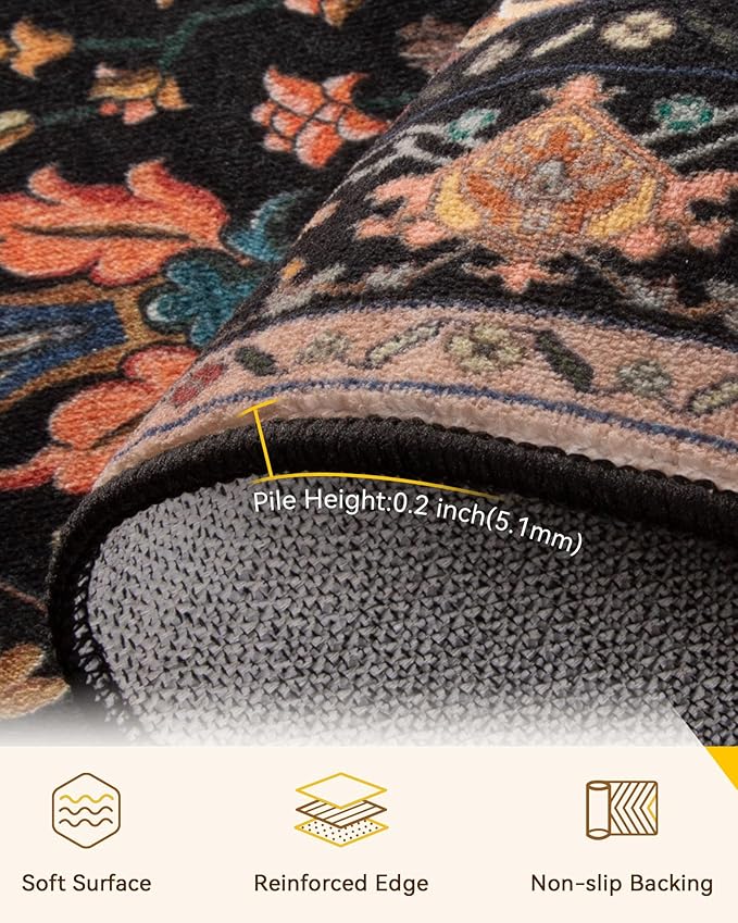 Area Rugs 3'x6' Washable Non-Slip, Floral Vintage Distress Print Pattern Medallion Carpet for Living Room Bedroom Dining Room, Black Colorful Floral Dark Tan