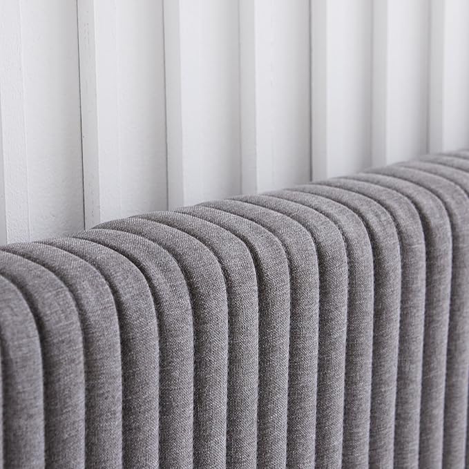 Livinia Sunset Full Size Wingback Platform Bed, Fabric Upholstered Full Bed Frame with Vertical Channel Tufted Headboard Footboard, Strong Wood Slats, No Box Spring Needed, Gray