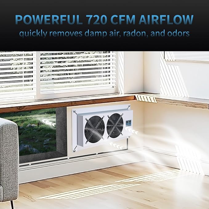Pewoaoa 720 CFM Crawlspace Vent Fan, With Thermostat,Humidistat, Crawlspace Fans, For Moisture Reduction, Radon Mitigation, Freeze Protection, Ideal for Basement, Attic, Crawl Space Fan Vent(Air Out)