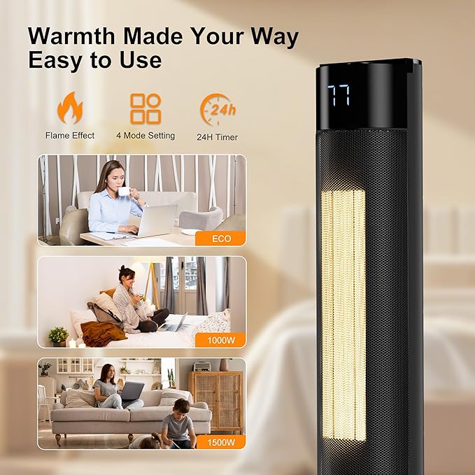 YEW Space Heater for Indoor Use, 34" Portable Electric Room Heater with Remote, 80° Oscillating, 24H Timer, Thermostat & ECO Mode, Ceramic Tower Heater for Large Room,Bedroom,Office