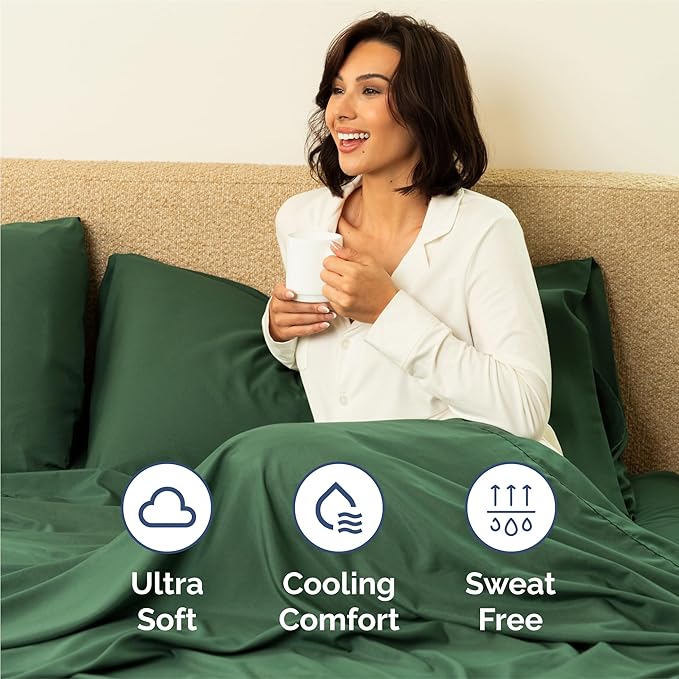 Twin XL 4 Piece Sheet Set - Cooling, Comfy & Breathable - Hotel Luxury Bedding, Includes Fitted Sheet for Women, Men, Kids & Teens - 1 Flat, 1 Fitted Sheet, 2 Pillowcases with Deep Pockets - Emerald
