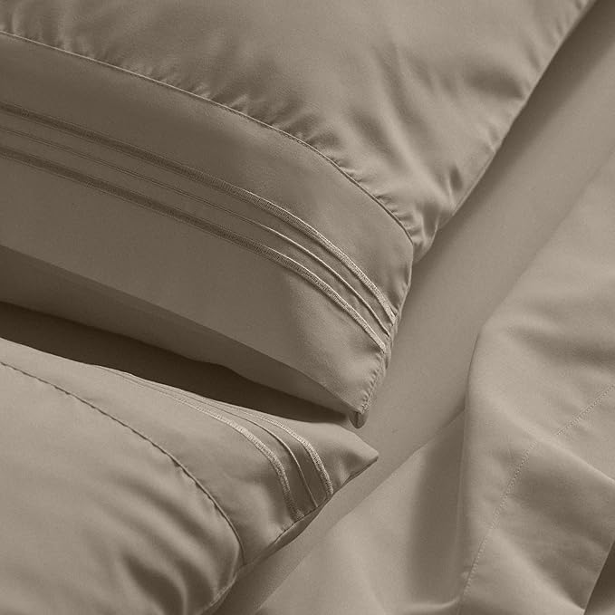 Mellanni Queen Sheet Set - 6-Piece Iconic Collection Bedding, (Including 4 Pillowcases), 21-Inch Extra Deep Pocket, Easy Care, Ultra Soft, Cooling Sheets, Brushed Microfiber - Tan