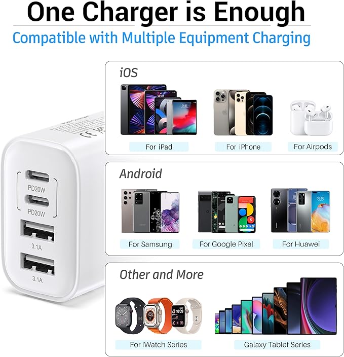 USB C Charger Block, 40W 4 Ports USB-C Wall Charger Plug Fast Charging, for iPhone Charger, QC Multiport Adapter, USB A Type C Box Brick Cube for iPhone 17 16 15 14 13 12 Pro Max, Samsung Galaxy