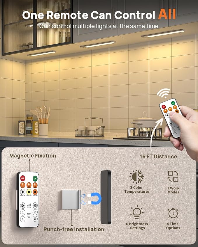 16in Under Cabinet Lighting with Remote, 160 LED Motion Sensor Light Indoor, 4000mAh USB Rechargeable Closet Lights, 3 Color Temps Wireless Under Counter Lights for Kitchen, Pantry, Stair, 2 Pack