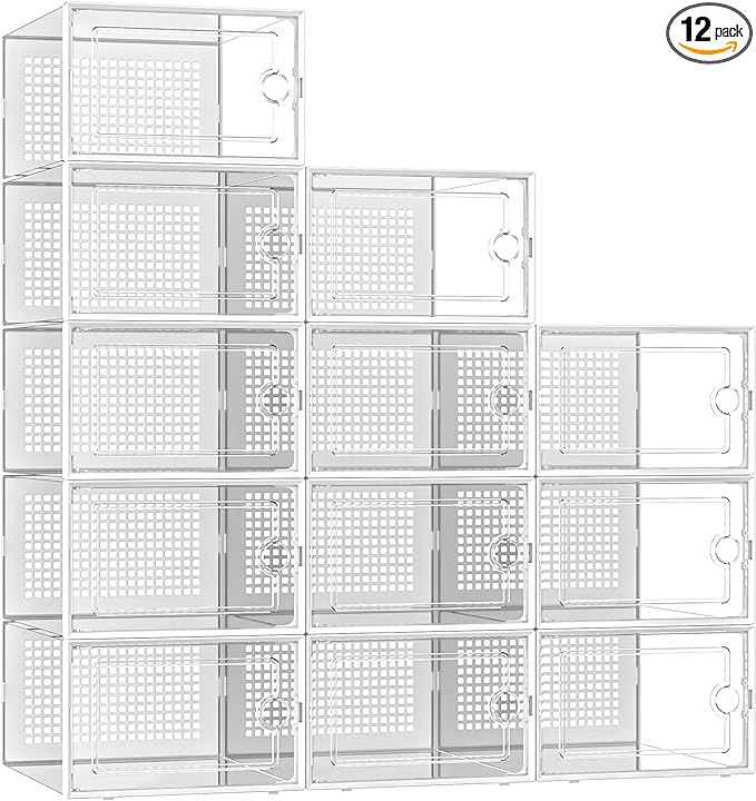 Kuject X-Large Shoe Storage Boxes Organizers Clear Plastic Stackable 12 Pack, Shoe Rack & Holder Substitute, Sneaker Containers, Toy Storage Organizer Bins for Entryway, Closet, Under Bed, White