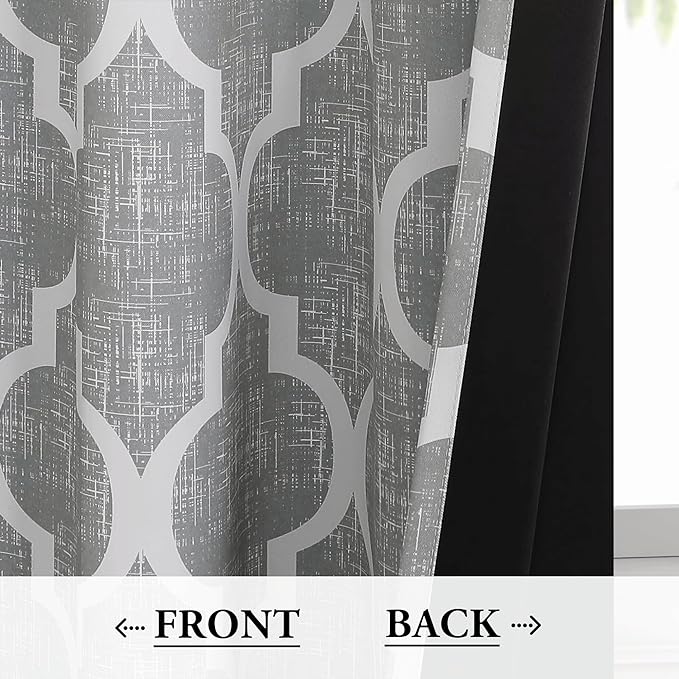 Beauoop 100% Blackout Curtains 96 Inches Long 2 Panels for Bedroom Living Room Grey Moroccan Geo Room Darkening Thermal Insulated Soundproof Grommet Top Window Treatments Drapes, 50x96 Set of 2