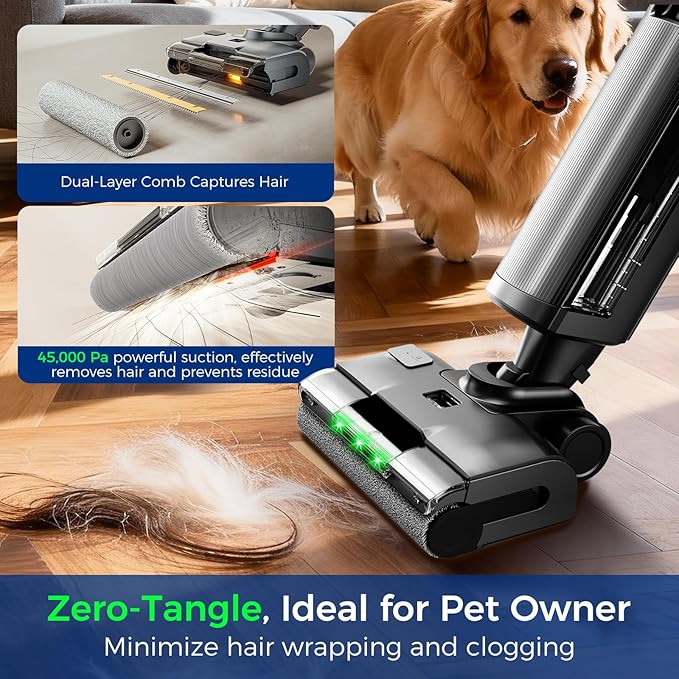 Wet Dry Vacuum Cleaner,Cordless Vacuum Mop Combo with Self-Cleaning,All in one Floor Cleaner Machine for Hard Floor,45kPa Suction 75 Mins Runtime Anti-Tangle,LED Light,180° Lay-Flat,Self Propelled