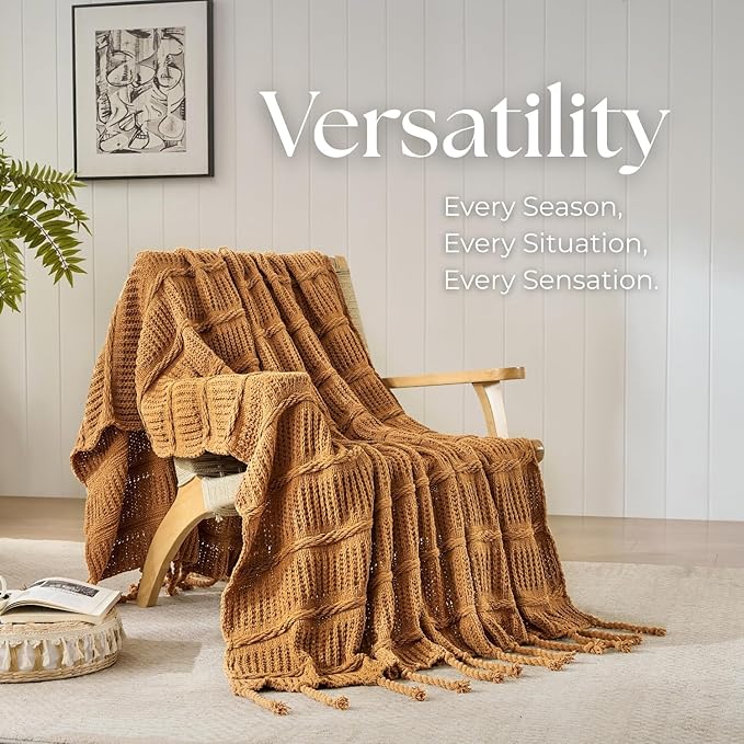 Boho Knitted Chenille Blanket with Tassels - Lightweight & Soft All-Season Throw - 3D Classic Pattern for Living Room Bedroom Couch, Amber Brown, Twin 60"x80"