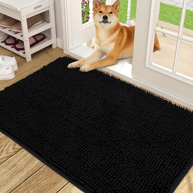 OLANLY Dog Door Mat for Muddy Paws 48x30, Absorbs Moisture and Dirt, Absorbent Non-Slip Washable Doormat, Quick Dry Chenille Mud Mat for Dogs, Entry Indoor Entryway Carpet for Inside Floor, Black
