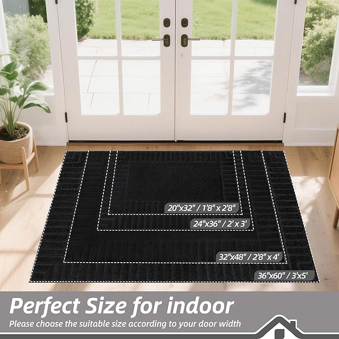 BEQHAUSE Door-Mat-Non-Slip Front Door Mat Washable Low-Profile Entrance Rugs for Front Door Entry Dirt Trapper Door Mats Absorbent Welcome Mats,20"x32",Black