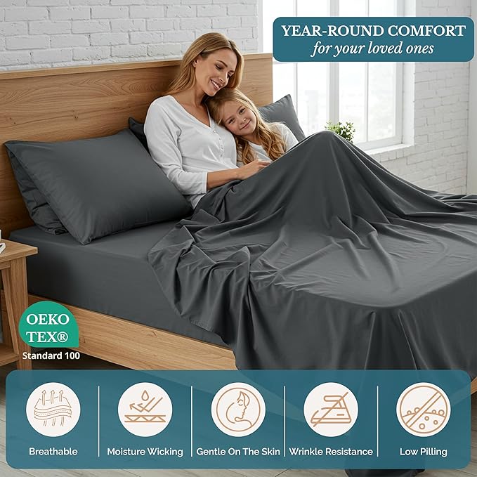 Casa Platino Charcoal California King Sheet Set, 4 Piece Set, Pre-Washed Ultra Soft Bed Sheets, Breathable and Cozy Microfiber Sheet Set with Deep Pockets – California King Bed Set