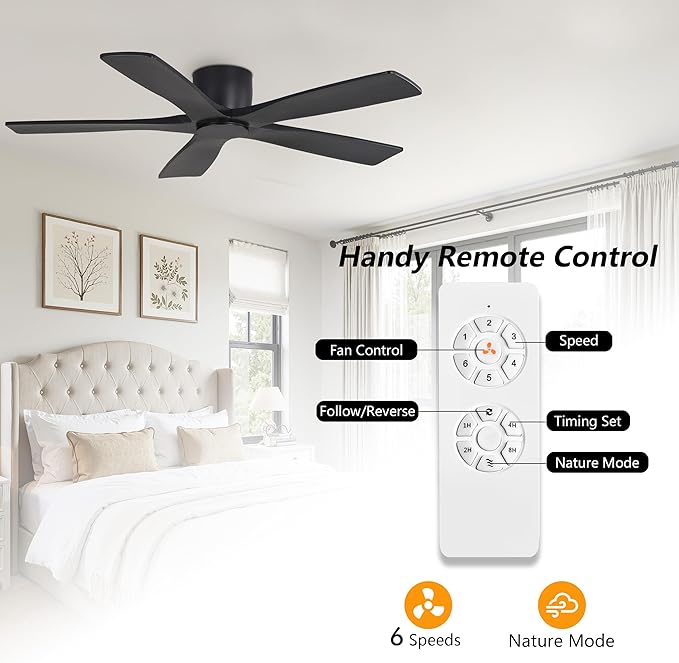 WINGBO 54" Flush Mount DC Ceiling Fans Without Lights, 5 Carved Solid Wood Blades, 6-Speed Reversible DC Motor, Low Profile Hugger Ceiling Fan No Lights for Living Room Bedroom Patio, Matte Black