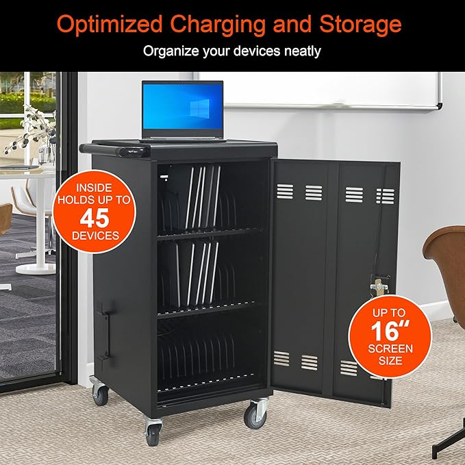 Aokleo Laptop Charging Cart,45 Devices Tablet Storage Carts for pad Up to 16.3" Screen Size, Classroom Computer Mobile Charging Station for Pads, Chromebooks,Laptops, Security Storage(45 Bay-Black)