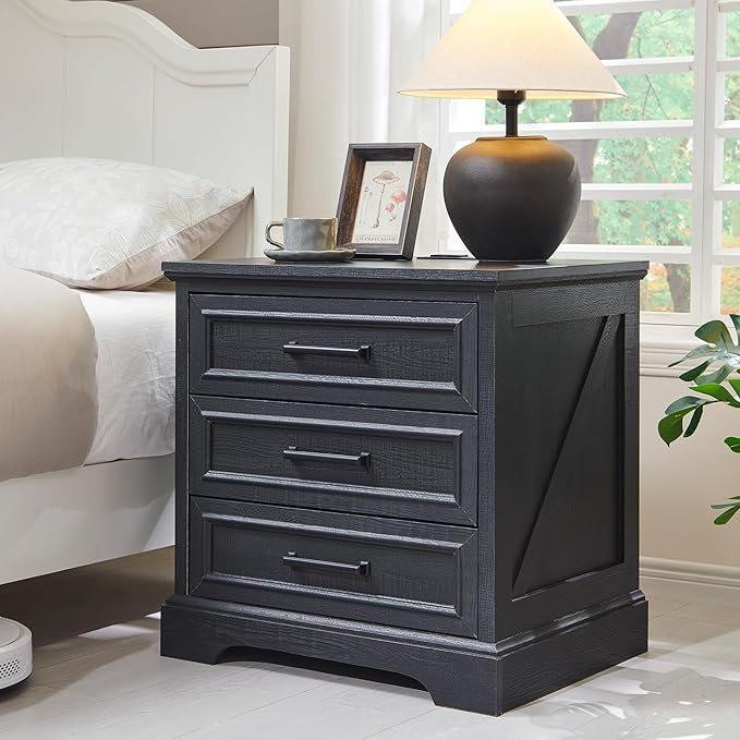ACCOHOHO Farmhouse Nightstand with Charging Station, 22 Inch Wide End Table with 3 Large Drawers & Bar Handles, Rustic Wood Small Dresser Chest of Drawers for Bedroom, Living Room, Closet, Black