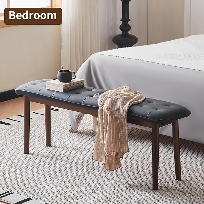 40'' Solid Wood Dining Bench with Cushion, Faux Leather Upholstered Bench for Dining Room Table, Kitchen, Entryway, or Bedroom End of Bed, Black