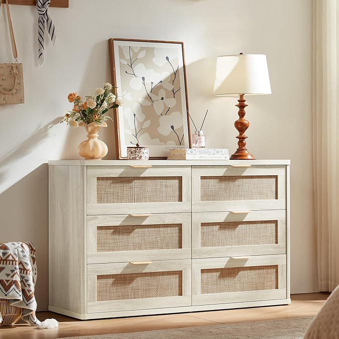 LEYAOYAO Rattan Dresser and Nightstand Sets 3, Boho Wood Dresser for Bedroom with 6 Drawers and Night Stand with 3 Drawer, Bedroom Furniture, Dressers & Chests of Drawers, Living Room, Hallway