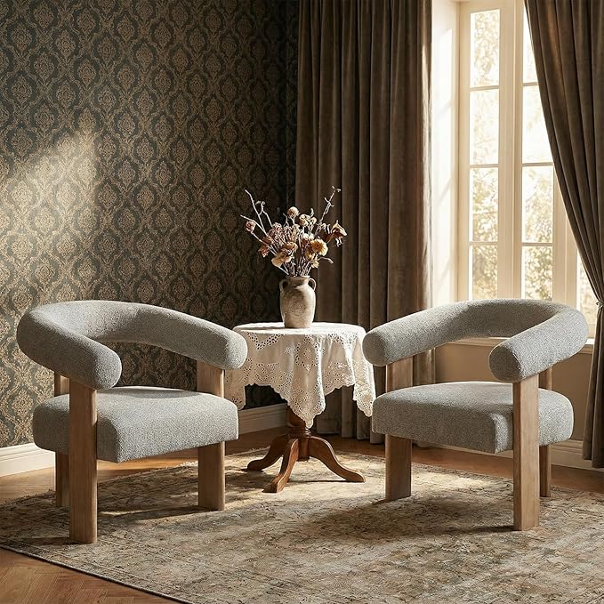 VKNOW Accent Chair Living Room Chair, Modern Upholstered Arm Chair with Solid Wood Legs, Comfy Barrel Accent Chair for Living Room, Bedroom, Grey