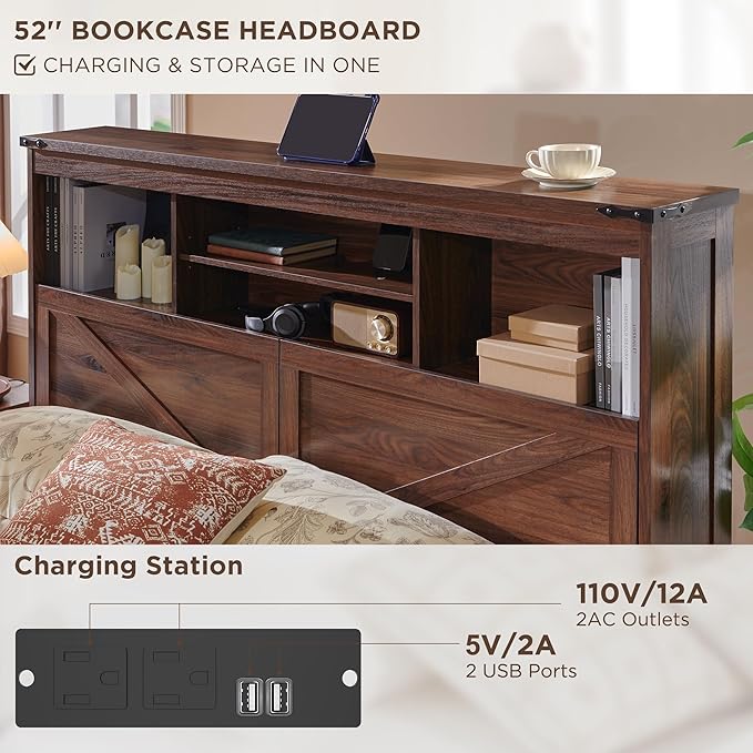ACCOHOHO Farmhouse Full Size Bed Frame with 52" Tall Storage Headboard and LED Light,Wood Platform Bed Frame with 4 Drawers and Charging Station,Solid Wood Slats Support,No Box Spring Needed,Brown