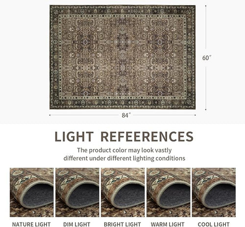 5x7 Vintage Washable Area Rug for Living Room,Low Pile Non Slip Carpet Non-Shedding Area Rug Soft Indoor Stain Resistant Rug Floral Print Mat for Bedroom Dining Room Brown Floral