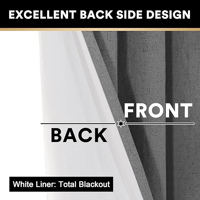 PrinceDeco Blackout Curtains 64" Long 2 Panels Set 100% Blackout Curtains for Bedroom Grommet Top Thermal Insulated with White Liners Flax Textured Full Blackout Window Draperies,W42 X L64, Grey