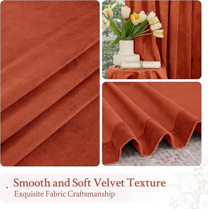 LAMIT Terracotta Velvet Curtains 108 Inch, Thermal Insulated Room Darkening Drapes for Living Room Bedroom Rustic Vintage Noise Reducing Panels with Back Tab and Rod Pocket, 2 Panels, 52 x 108 Inch