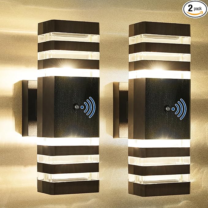 Delicavy 2PK Dusk to Dawn Sensor Outdoor Wall Lights Up Down Porch Lights Modern Exterior Light Fixtures Photocell Waterproof Black Aluminum Housing for Front Porch, Patio, Garage (Use Two E26 Bulbs)
