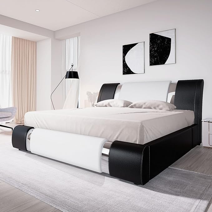 Allewie Queen Bed Frame with Iron Piece Decor, Faux Leather Upholstered Platform Bed with Adjustable Headboard & Strong Wooden Slats, No Box Spring Needed, Black and White