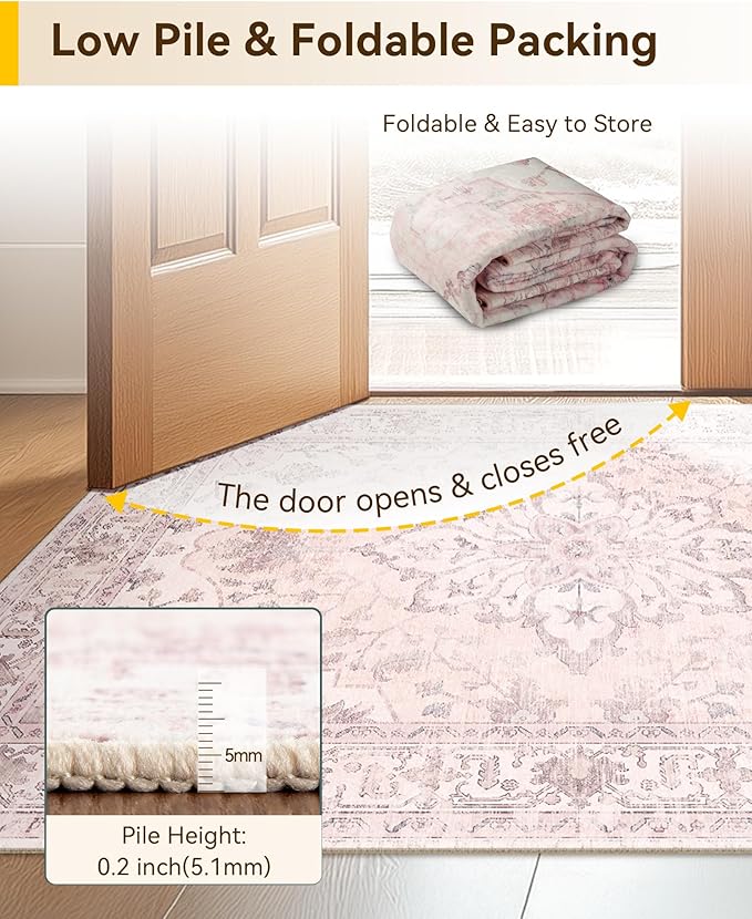 Area Rugs 3'x10' Washable Non-Slip, Floral Vintage Distress Print Pattern Medallion Carpet for Living Room Bedroom Dining Room, Pink Greypink Cute