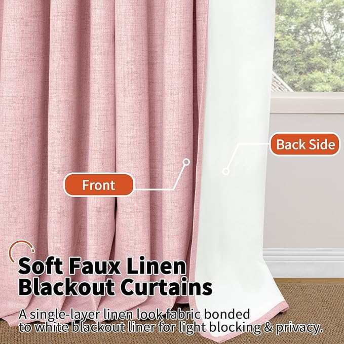 Baby Pink Linen Blackout Curtains for Nursery 63 Inch Length 2 Panels Set, Thermal Insulated Boho Total Black Out Noise Reducing Bonzer Grommets Window Curtains for Girls Bedroom, Each 52 Inch Wide