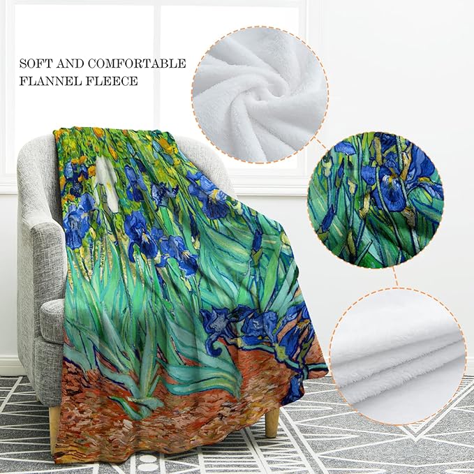 Jekeno Floral Blanket Flower Gifts for Women Kids Girls Wife Mom Birthday Christmas Home Bedroom Blue Purple Flowers Flowers Oil Painting Decor Soft Cozy Throw Blankets 50"x60"