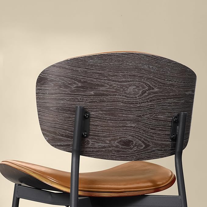 Art Leon Faux Leather Dining Chairs, Set of 2, Mid Century Modern Desk Chair No Wheels, Armless Accent Chair with Black Metal Legs, Brown/Gray Oak