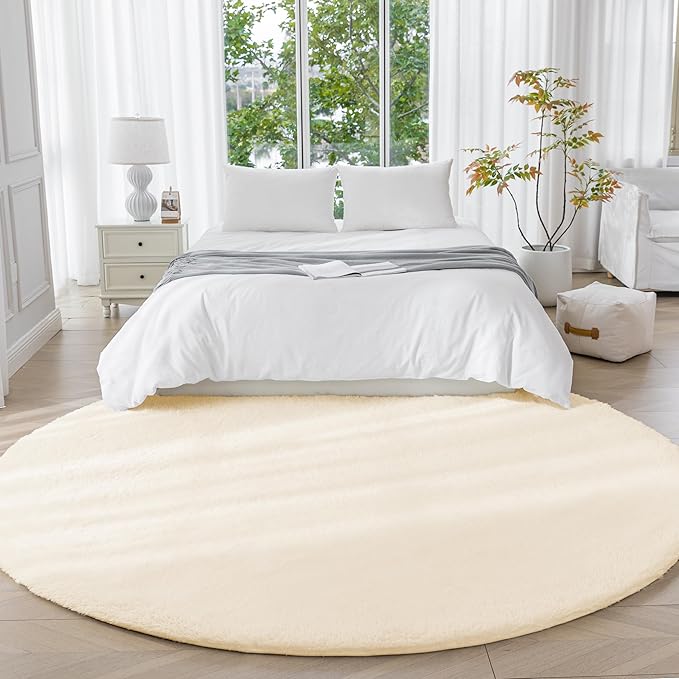 Amazon Basics Fluffy Washable Round Area Rug, Circle Shaggy Carpet for Living Room, Bedroom, Nursery, 6'R, Beige