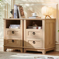 18" Farmhouse Night Stands Set of 2 with Charging Station, 2 Drawers Bedside End Table, Natural Wooden Nightstand, Bed Side Table Cabinet with Open Shelf for Bedroom Living Room Office