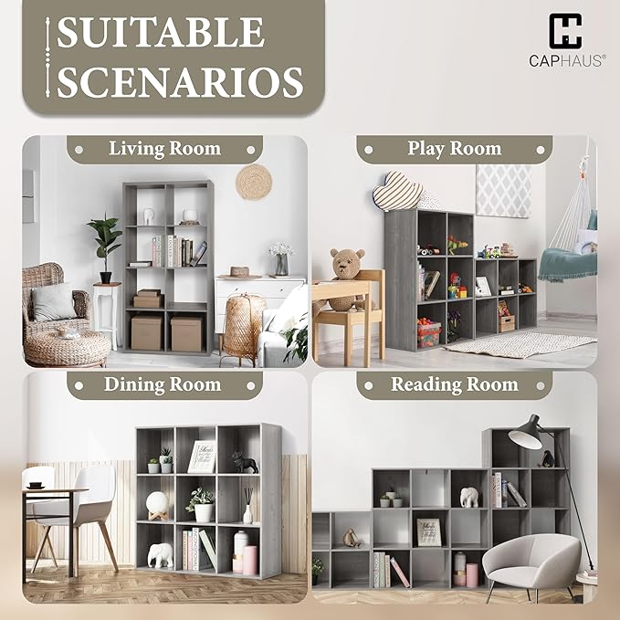CAPHAUS Sturdy Room 11-Inch Cube Storage Organizer Shelf, with Thick Exterior Edge, Storage Shelf Divider w/Back, Bookcase, 8-Cube, Greige Oak