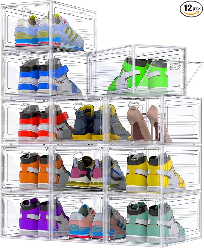 Thicken Hard Clear Shoe Storage Organizer for Closet, 12 Pack Modular Plastic Stackable Shoe Storage Box Organizer, Shoe Sneaker Rack Display Case Containers Bins with Lids, White